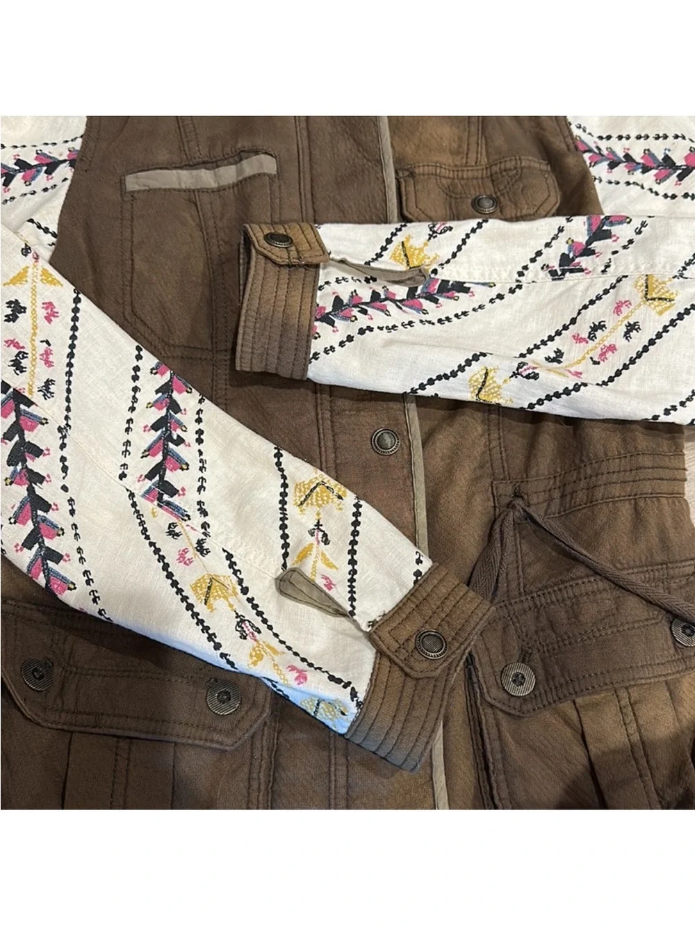 Free People “Follow Your Heart” Boho Aztec Patchwork Sleeve Jacket• Medium